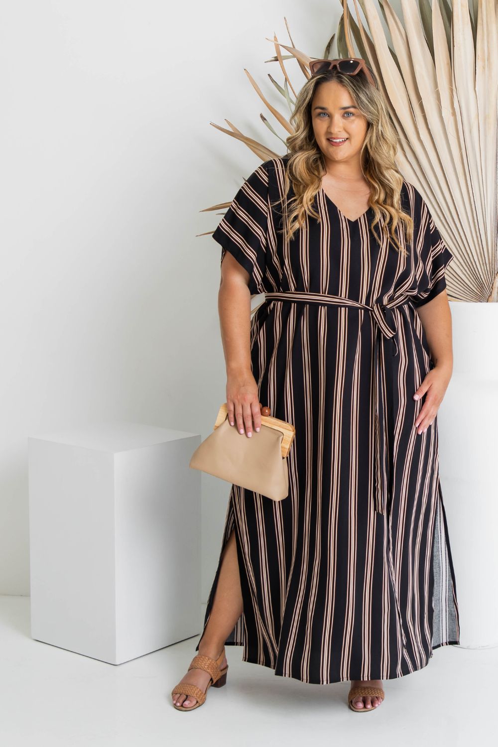 long-summer-dress-stripe-black-brown-cream-plus-size