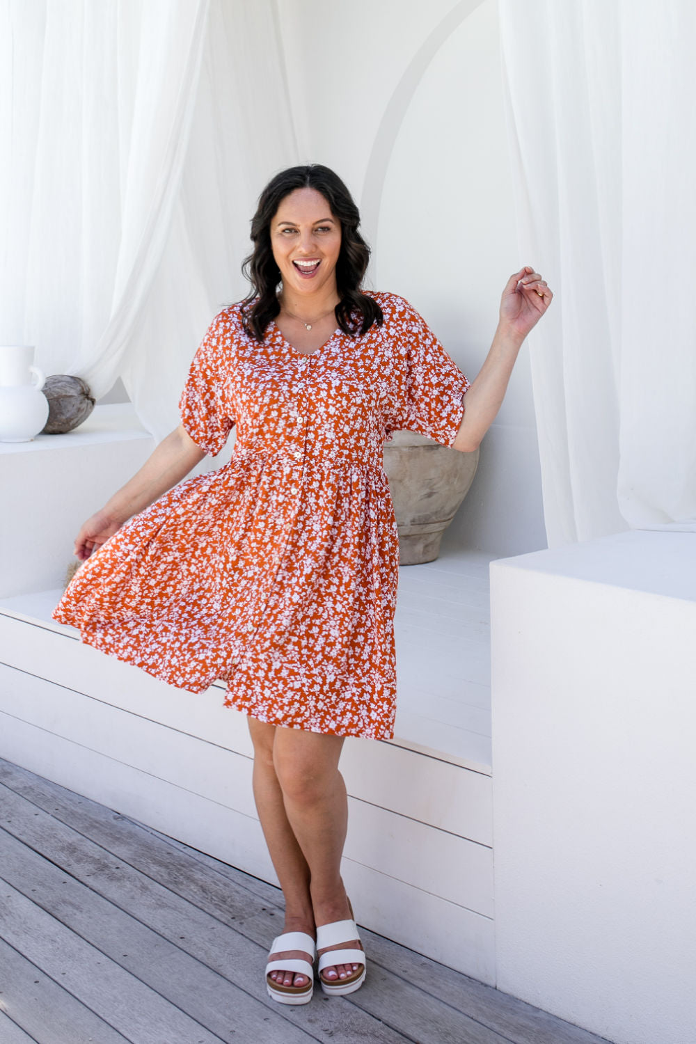 casual-dress-white-floral-burnt-orange-summer-short