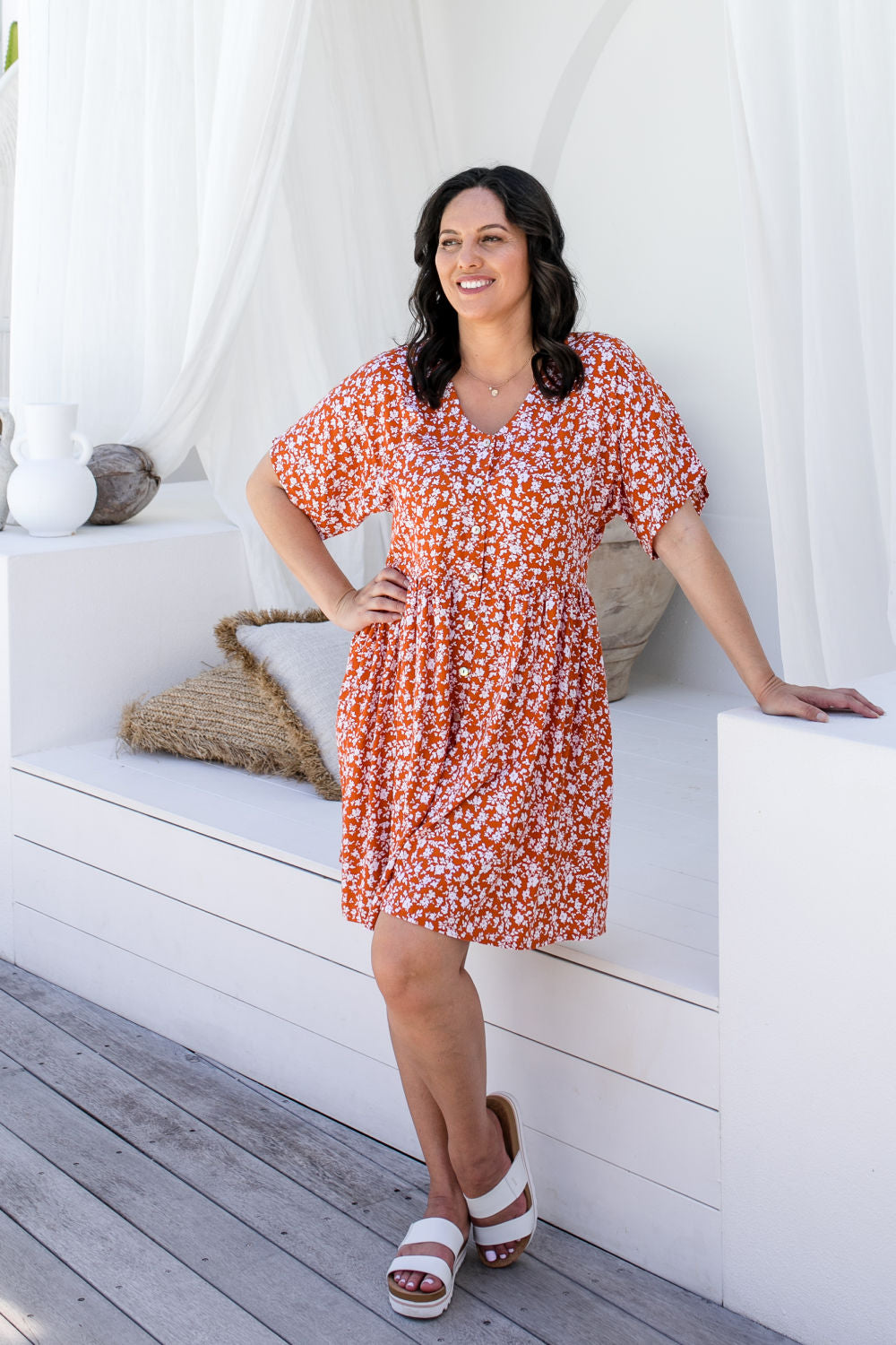 casual-summer-dress-white-floral-burnt-orange-aline