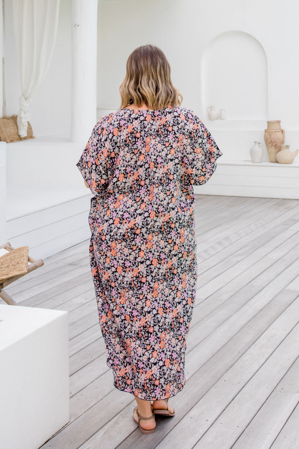ladies-long-summer-kaftan-peach-pink-grey-floral-on-black
