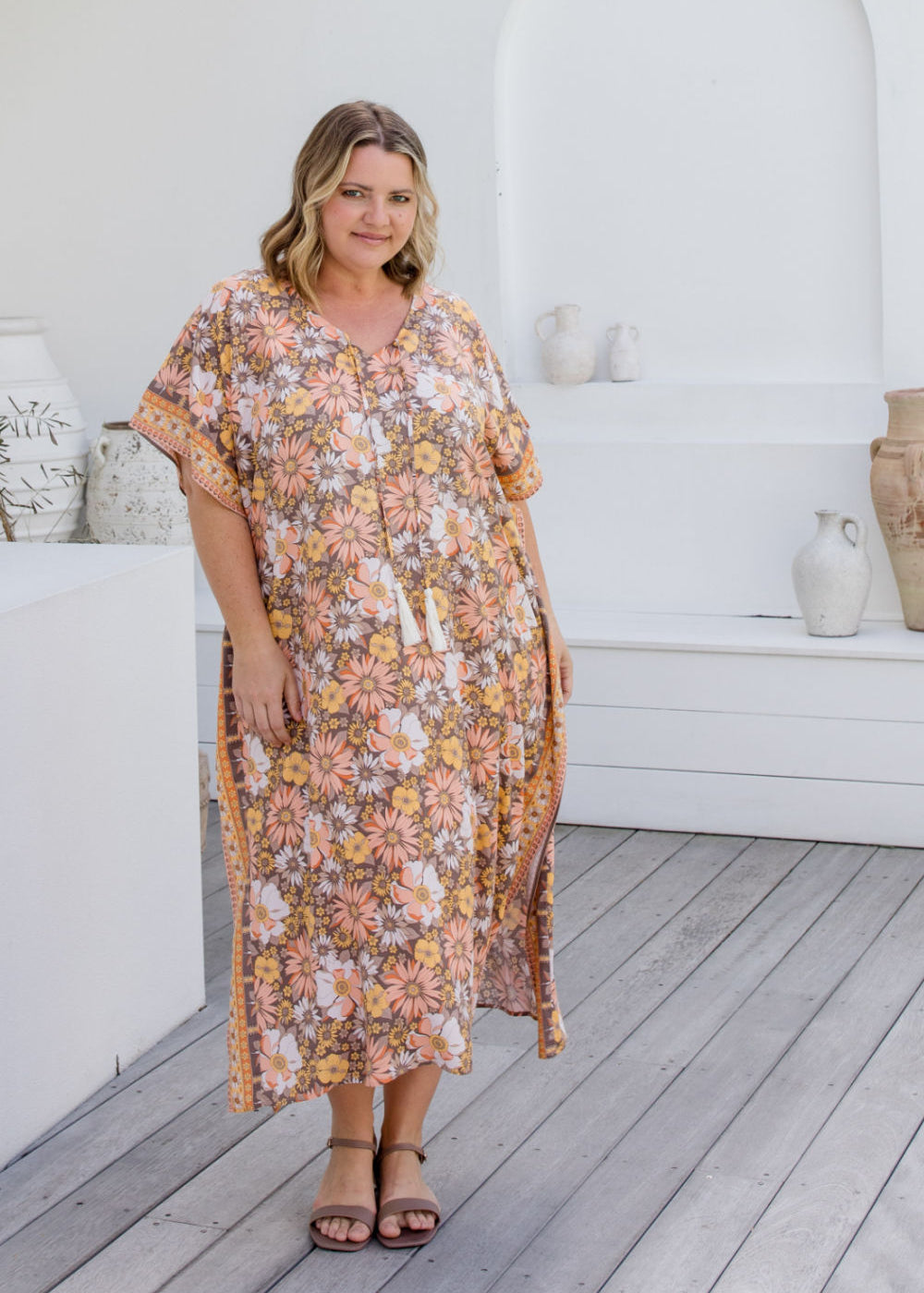 long-kaftan-dress-peach-mocha-floral-border-print