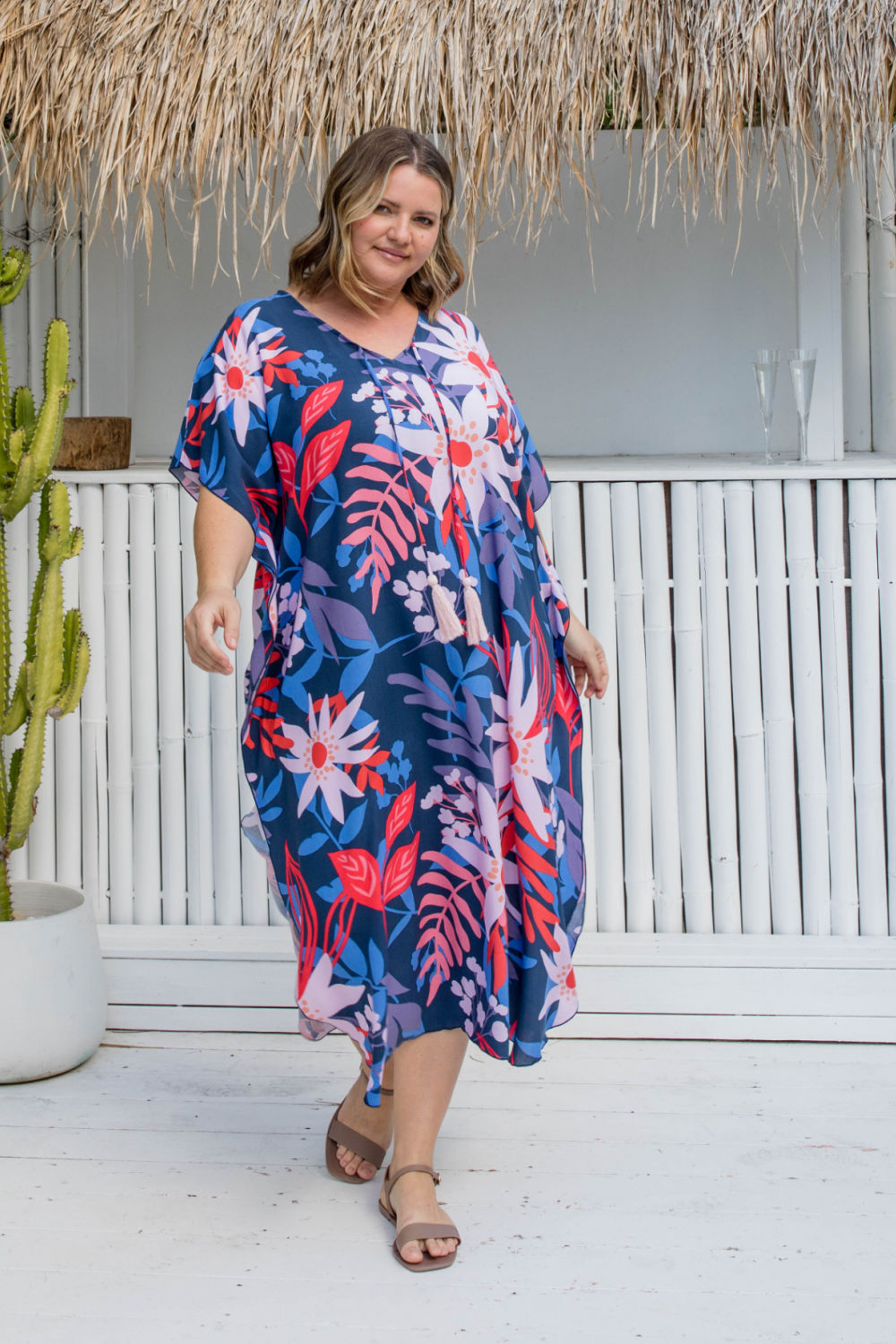 long-kaftan-dress-resort-style-pink-floral-blue-base