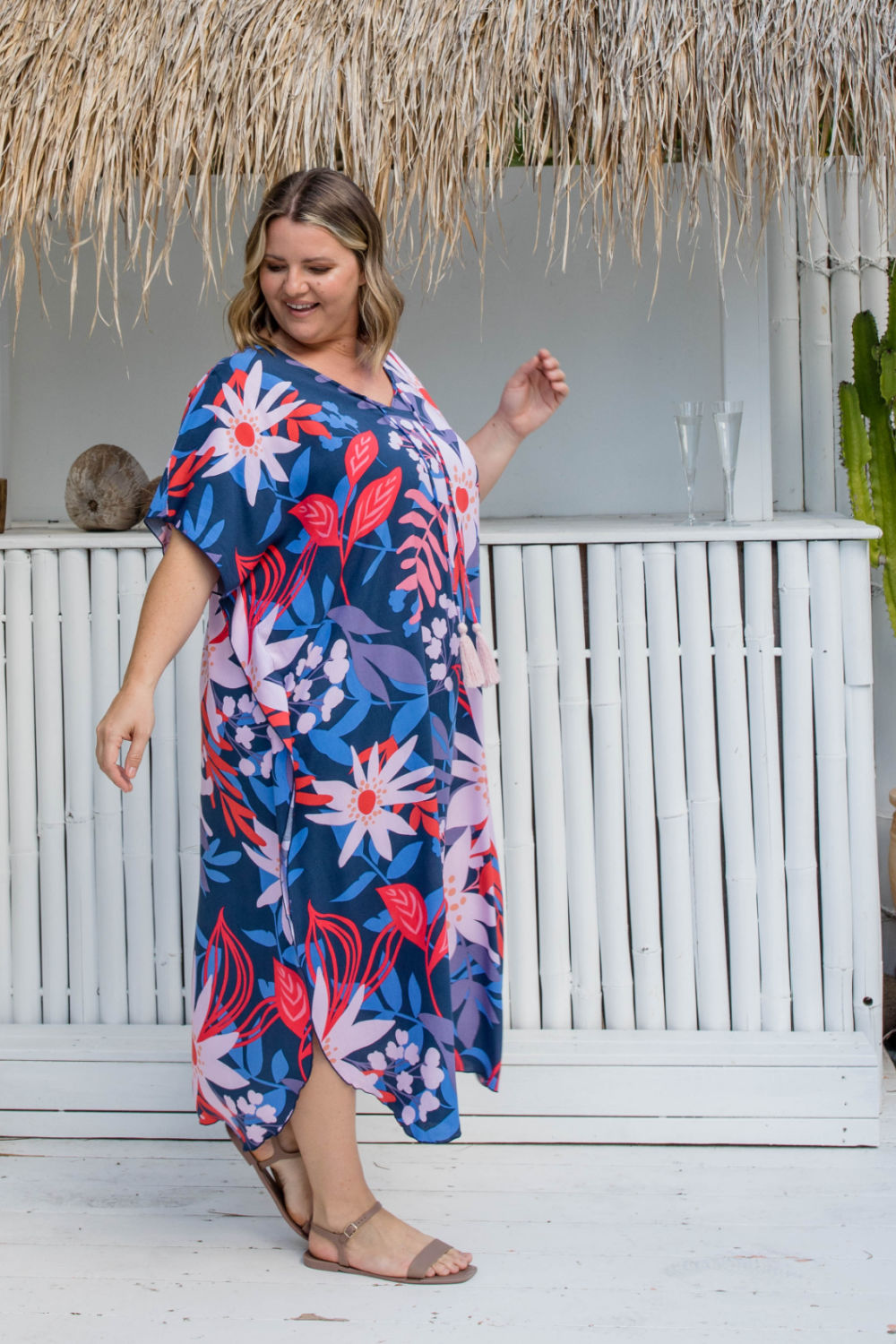 long-kaftan-dress-resort-wear-blue-pink-floral-blue