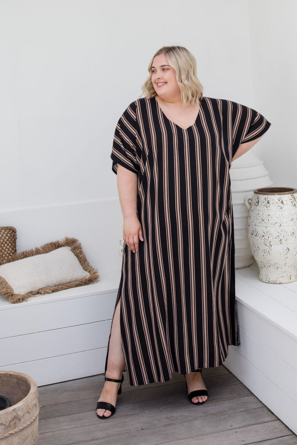 long-plus-size-summer-dress-black-neutral-cream-stripe