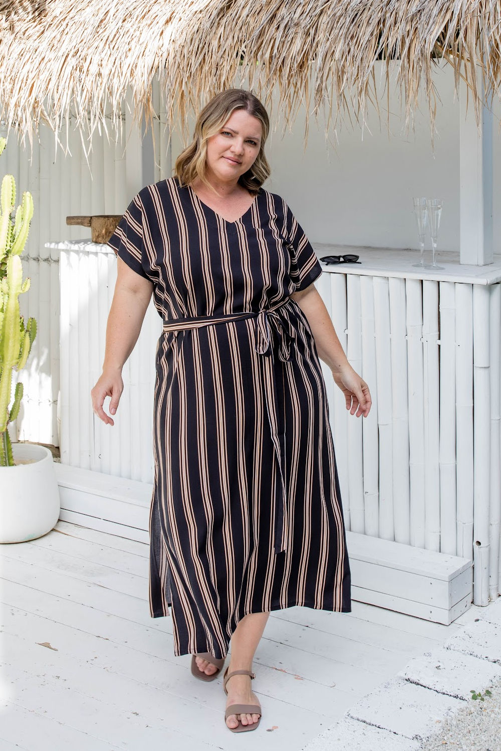 long-summer-dress-stripe-black-caramel-cream