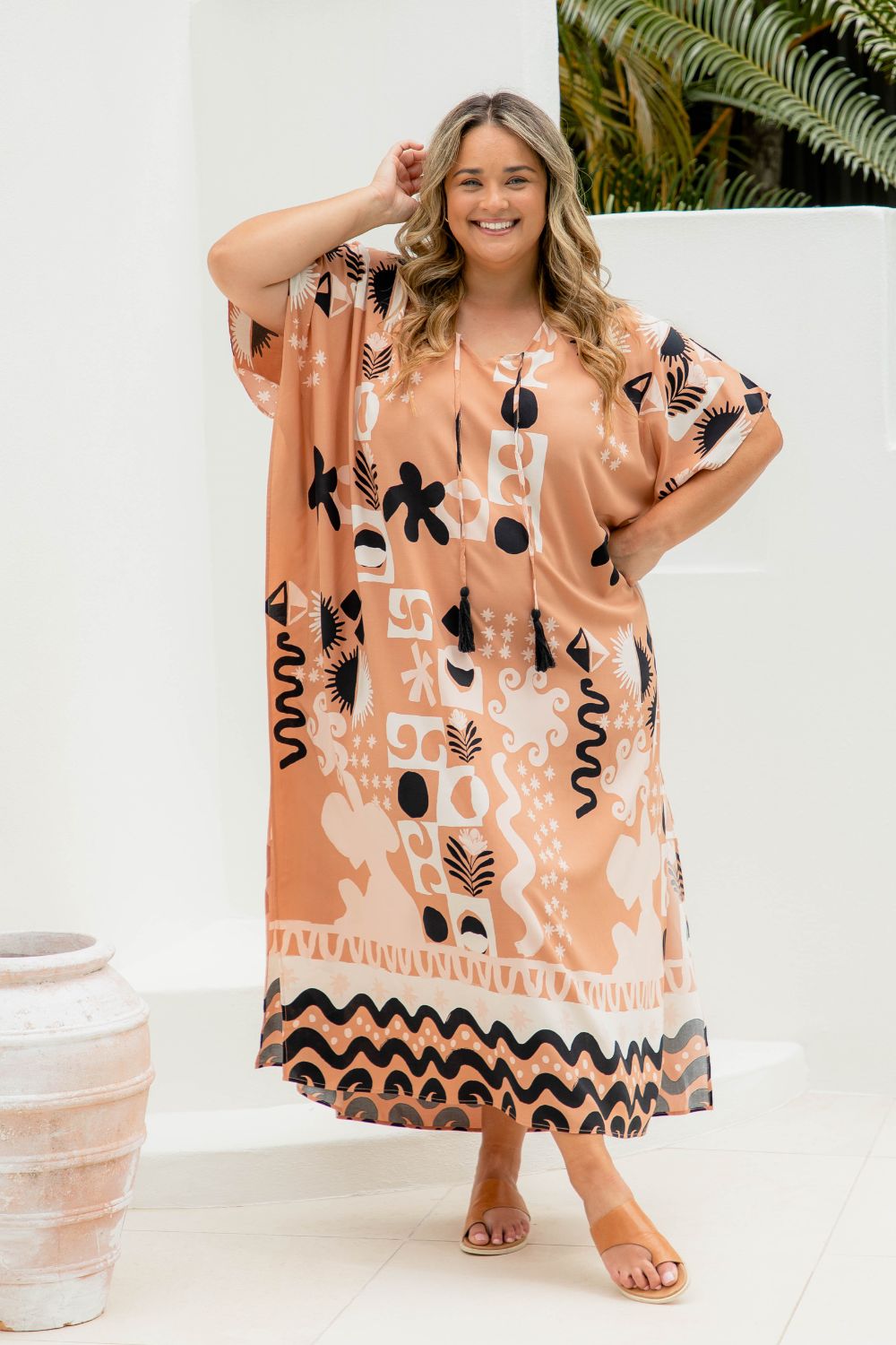 maxi-summer-kaftan-dress-antique-brass-coffee-foam-black-tropical-print-plus-size-resort-wear