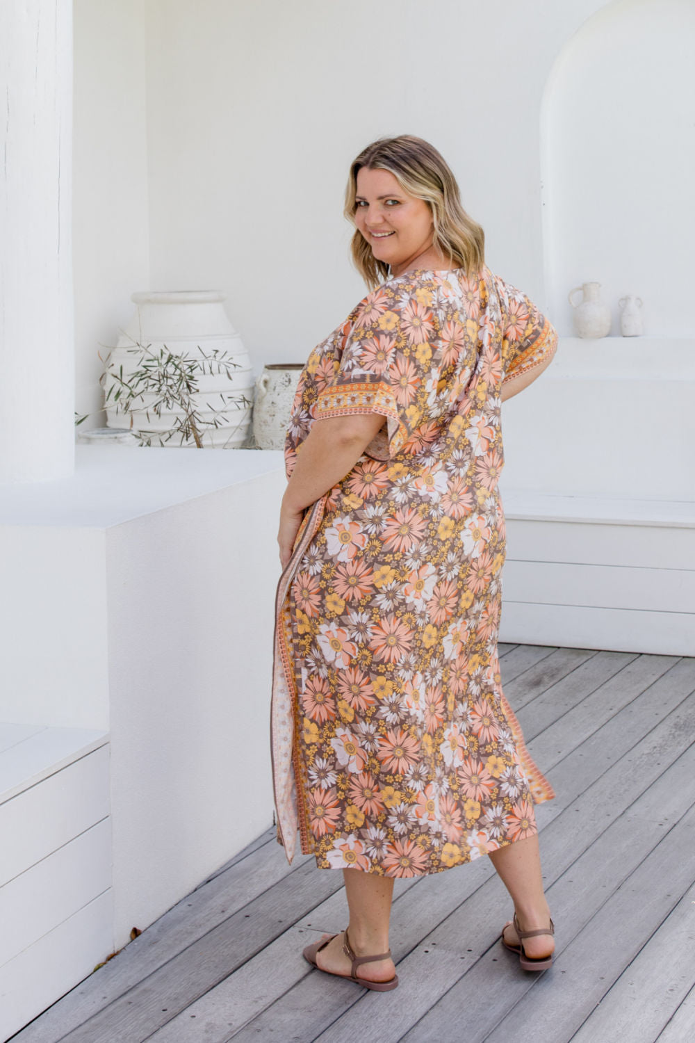 maxi-summer-kaftan-dress-resort-wear--mocha-peach-floral-border-design