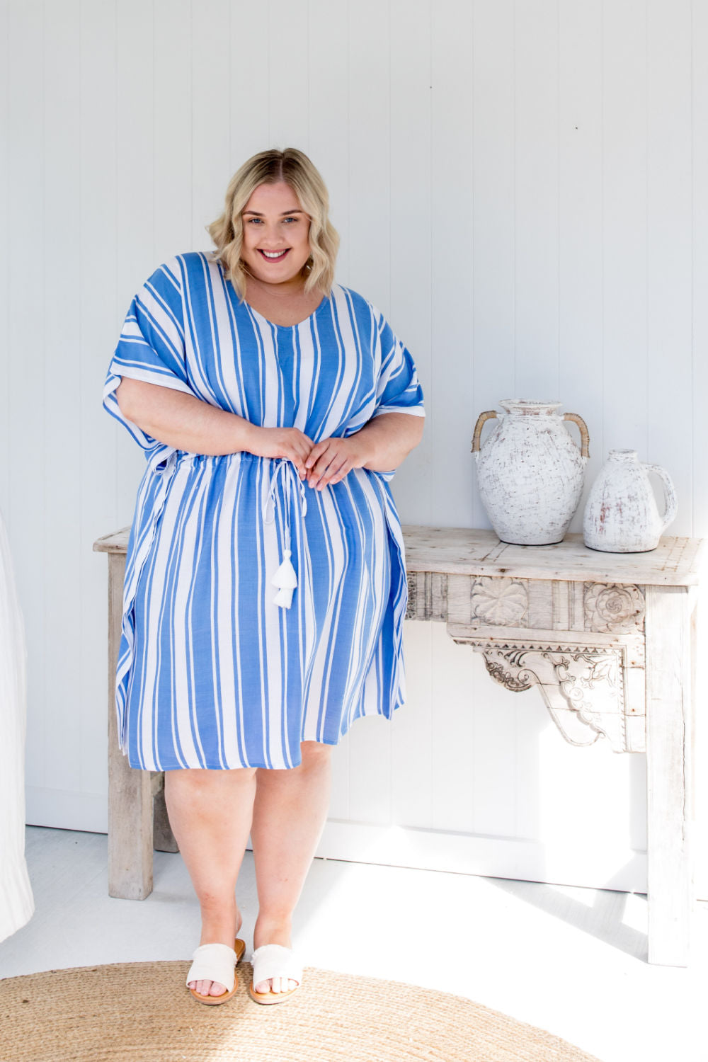 plus-size-short-kaftan-dress-blue-white-stripe