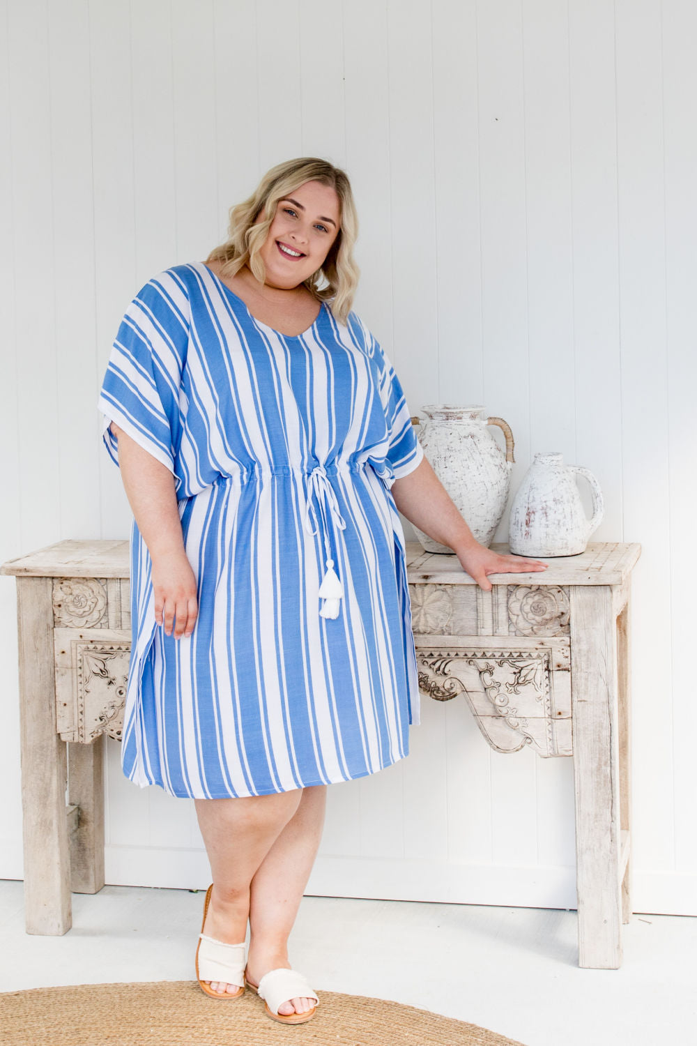 short-kaftan-dress-plus-size-blue-white-stripe