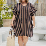 short-summer-kaftan-dress-black-caramel-cream-stripe-design