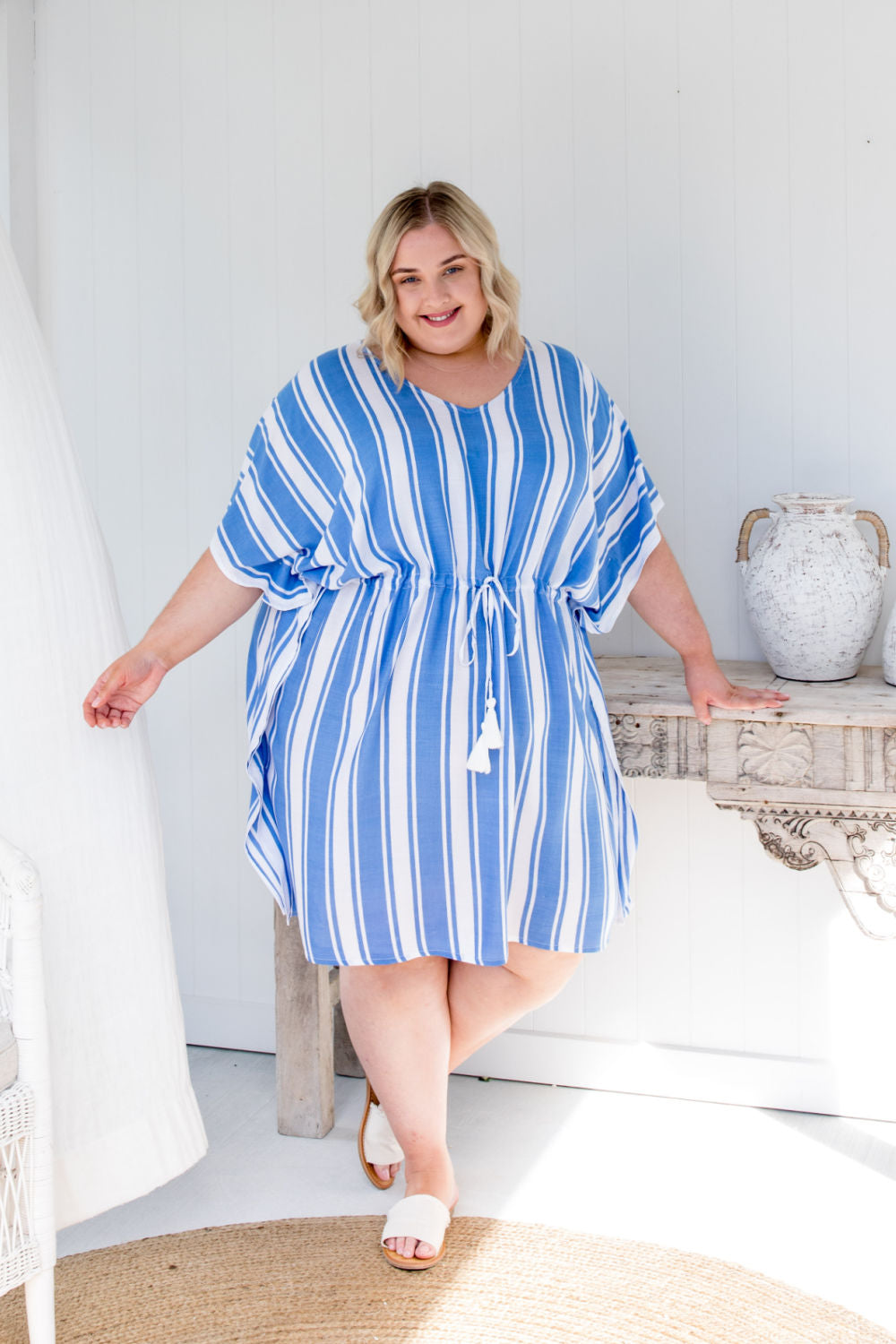short-summer-kaftan-dress-plus-size-blue-white-stripe