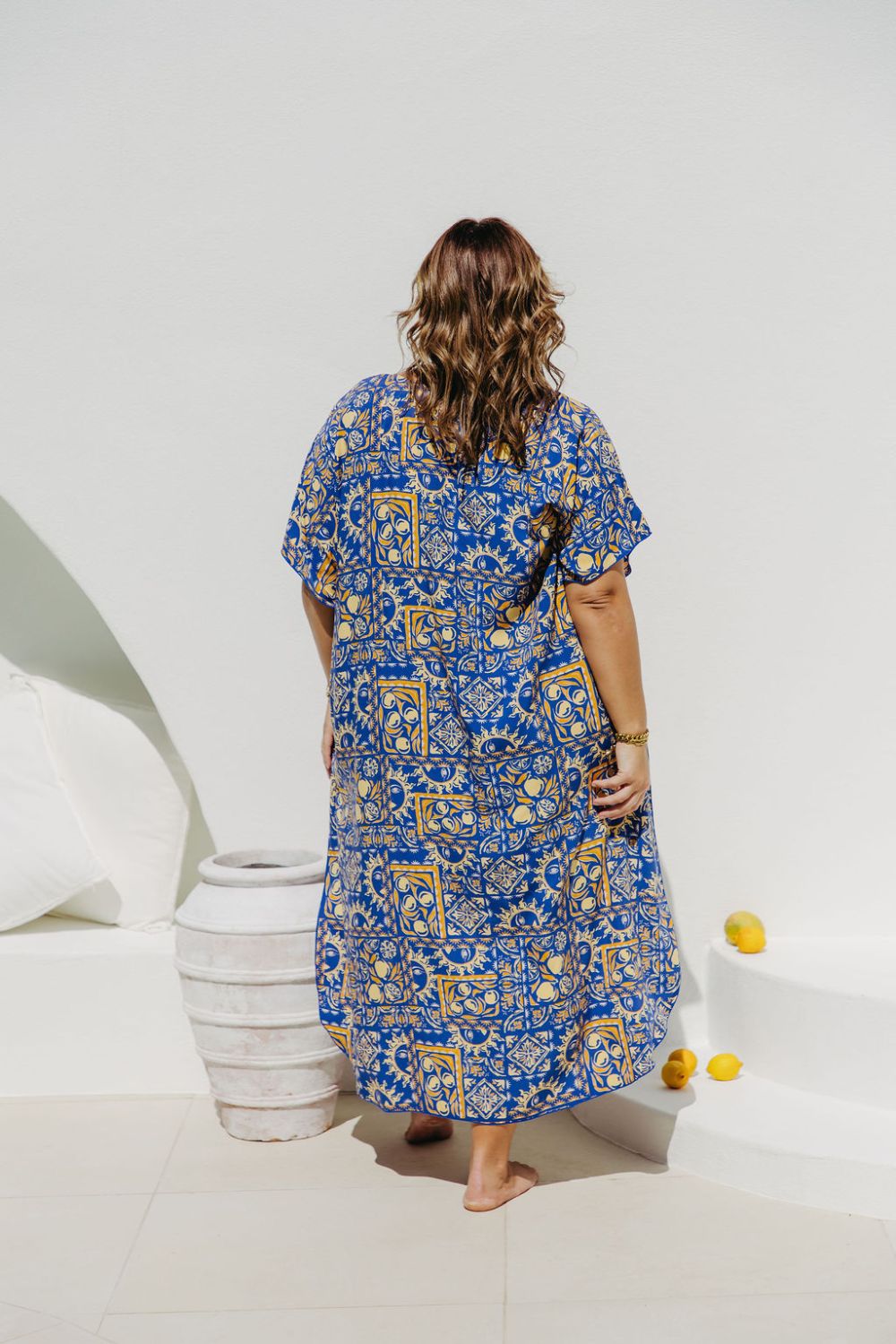 Italian villa resort wear in blue and yellow print lemon design for summer