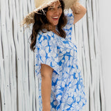 kaftan top in blue and white hibiscus floral for summer resort