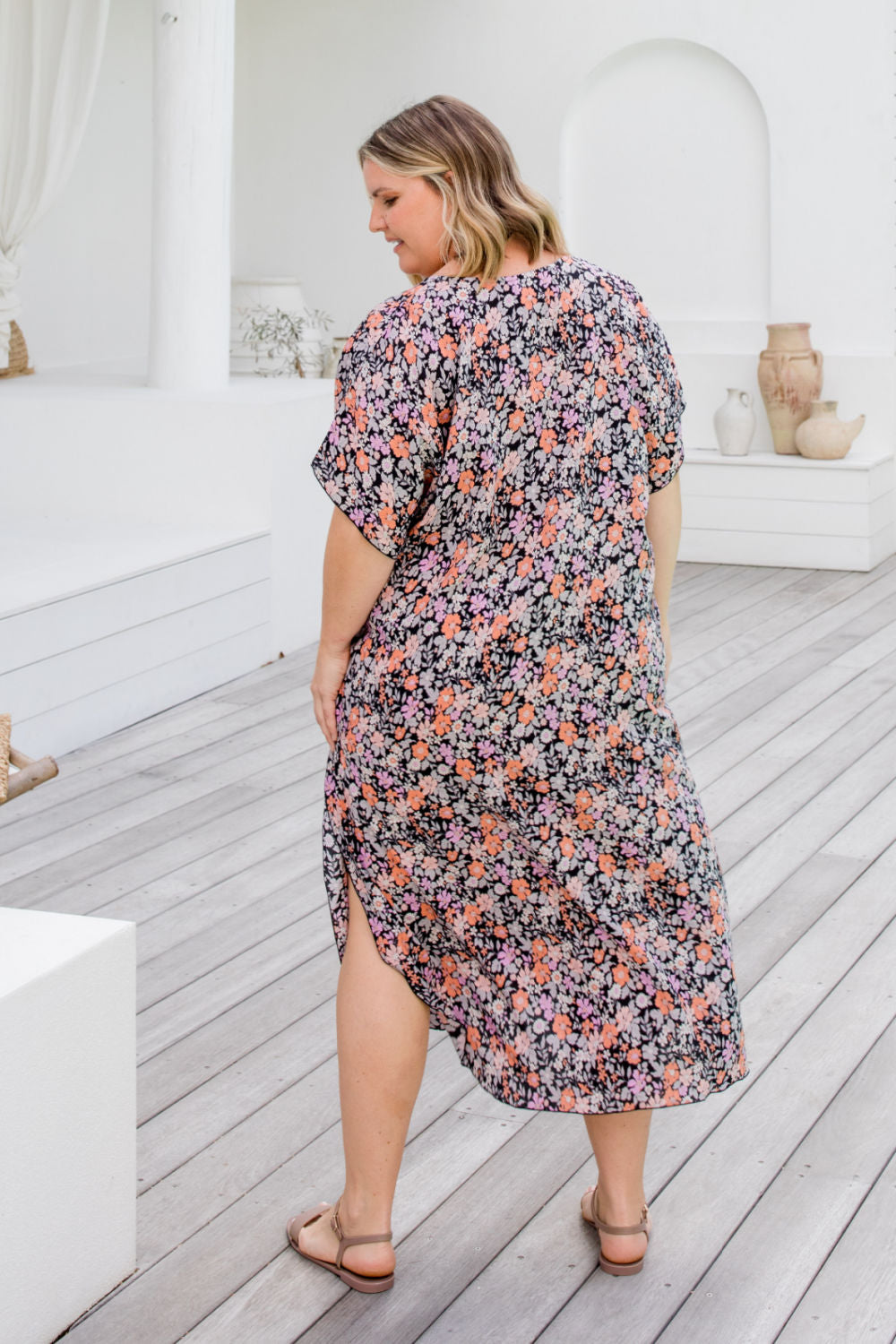 womens-long-summer-kaftan-peach-pink-grey-floral-on-black