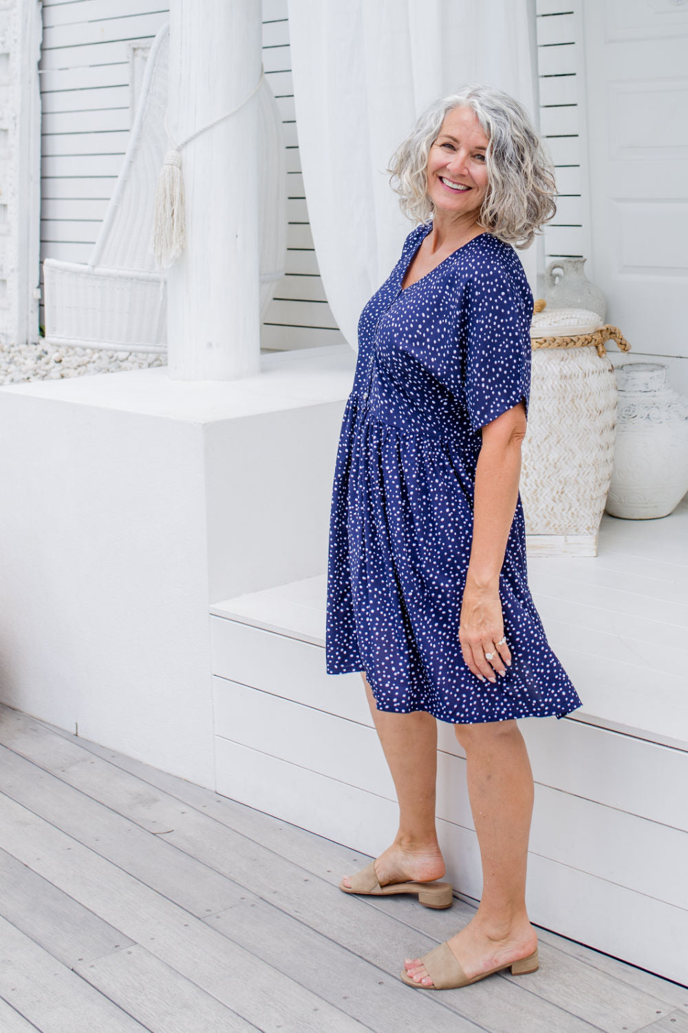 casual-summer-dress-blue-white-polka-aline