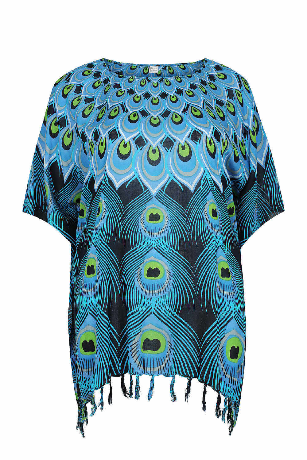 kaftan-top-plus-size-black-blue--lime-green-peacock-feather-design
