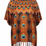 kaftan-top-plus-size-black-orange-blue-peacock-feather-design