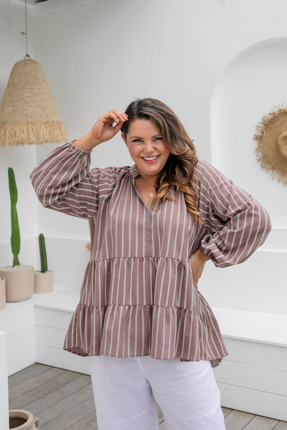 ladies-casual-summer-top-mocha-white-stripe