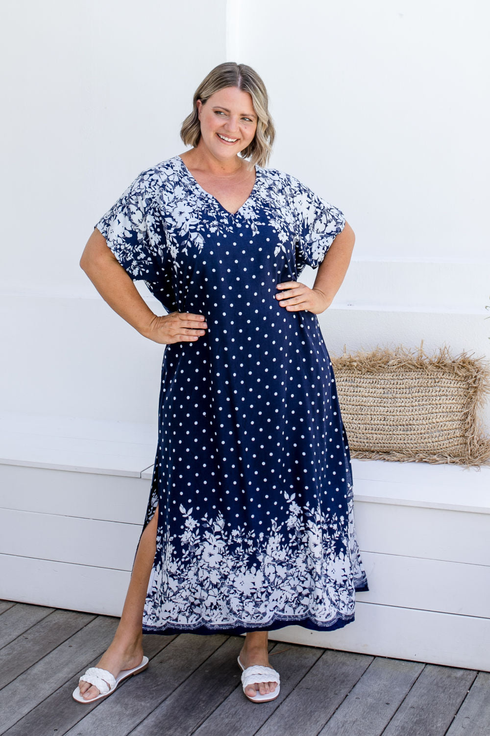 ladies-long-kaftan-dress-resort-style-blue-floral-border-design