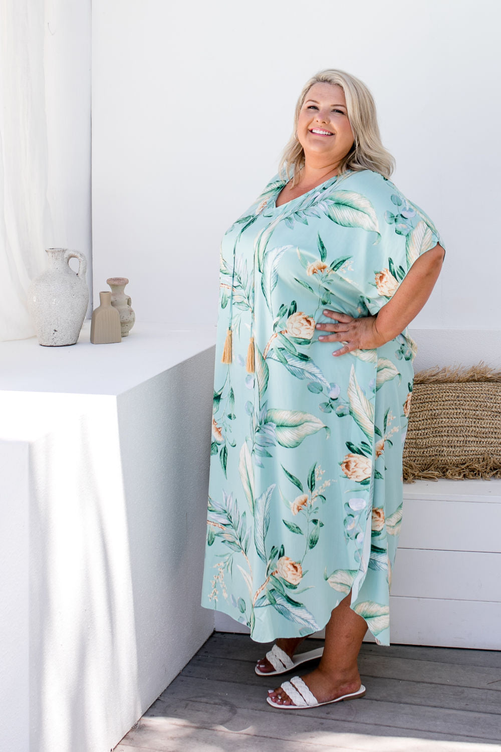 ladies-plus-size-summer-kaftan-protea-flower-green-grey-caramel
