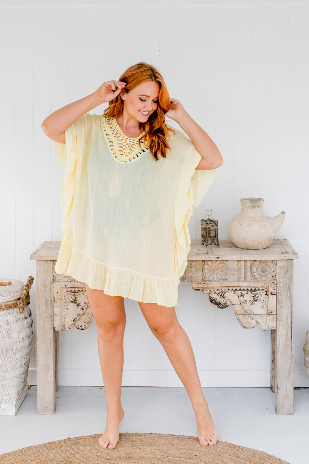 ladies-short-kaftan-dress-lemon-ruffle-crochet-neckline