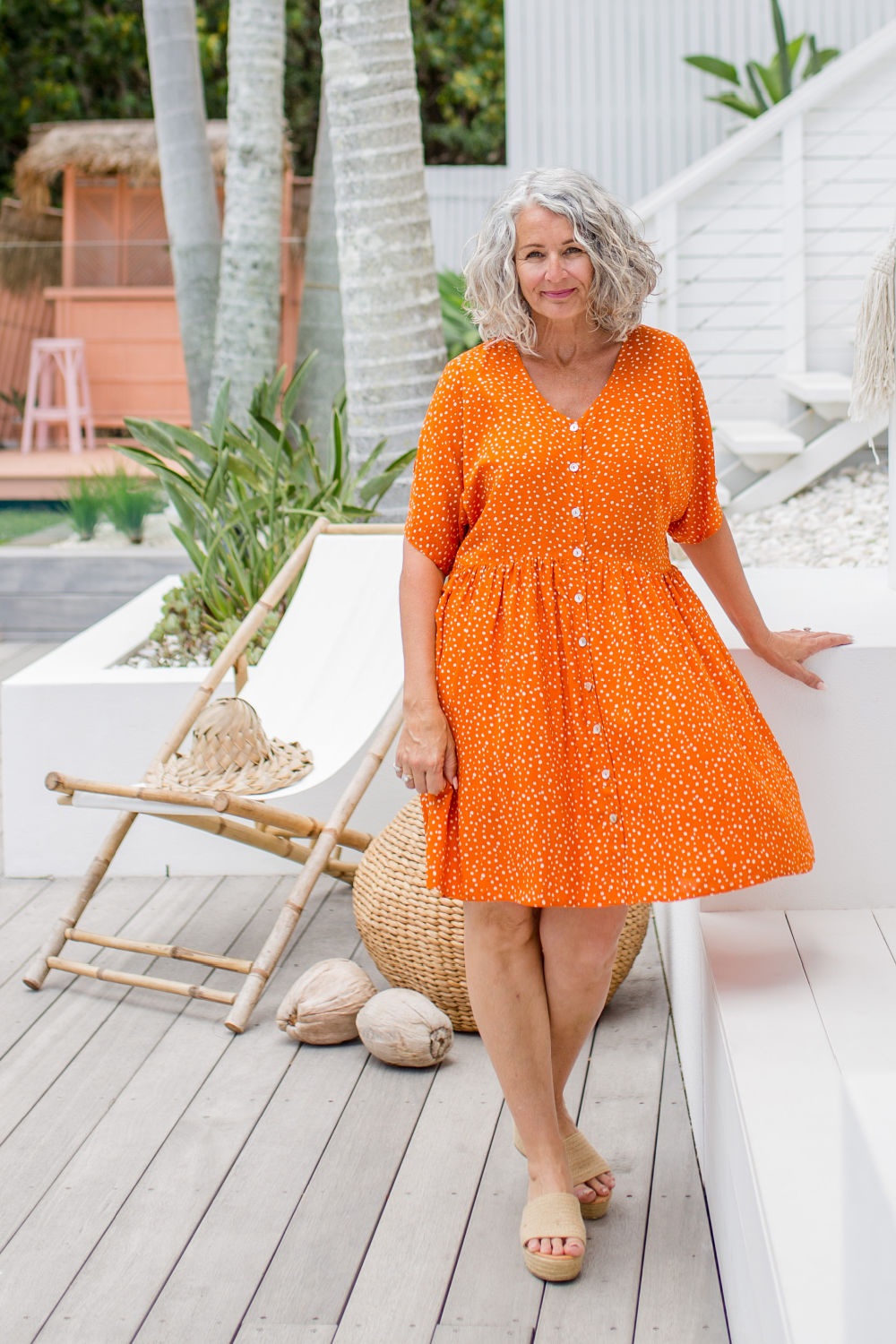 ladies-short-summer-dress-orange-white-polka