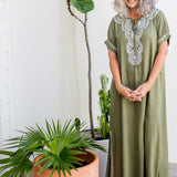 long-kaftan-dress-army-green-white-embroidery