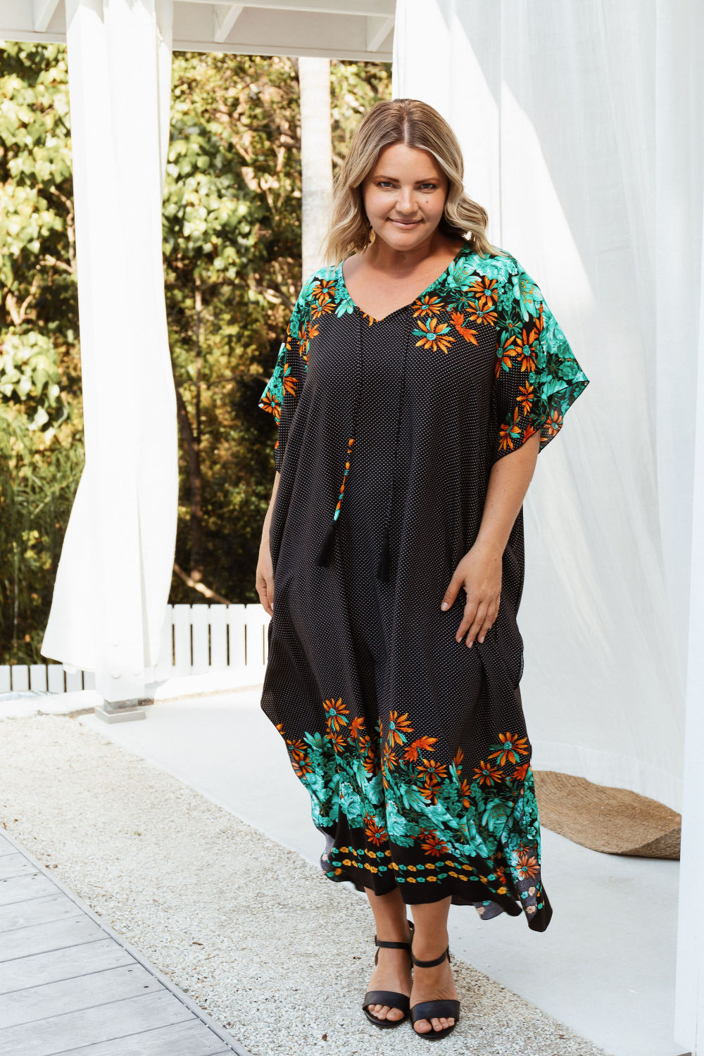 long-kaftan-dress-black-polka-orange-green-floral
