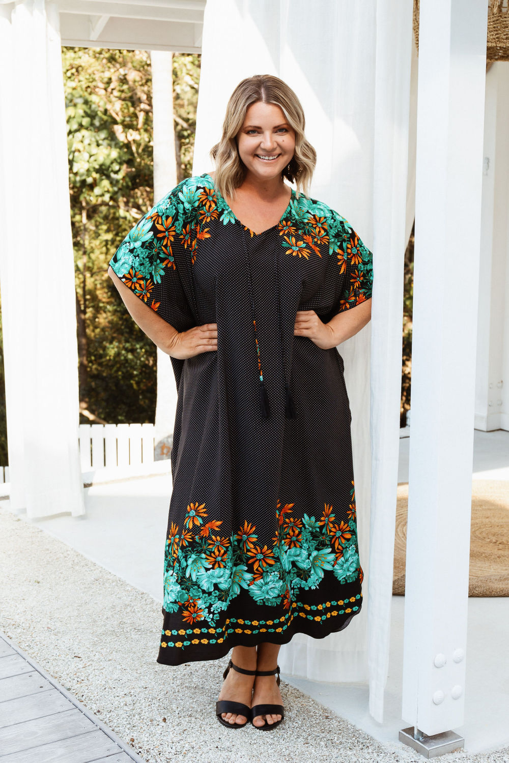 long-plus-size-kaftan-dress-black-polka-orange-green-floral