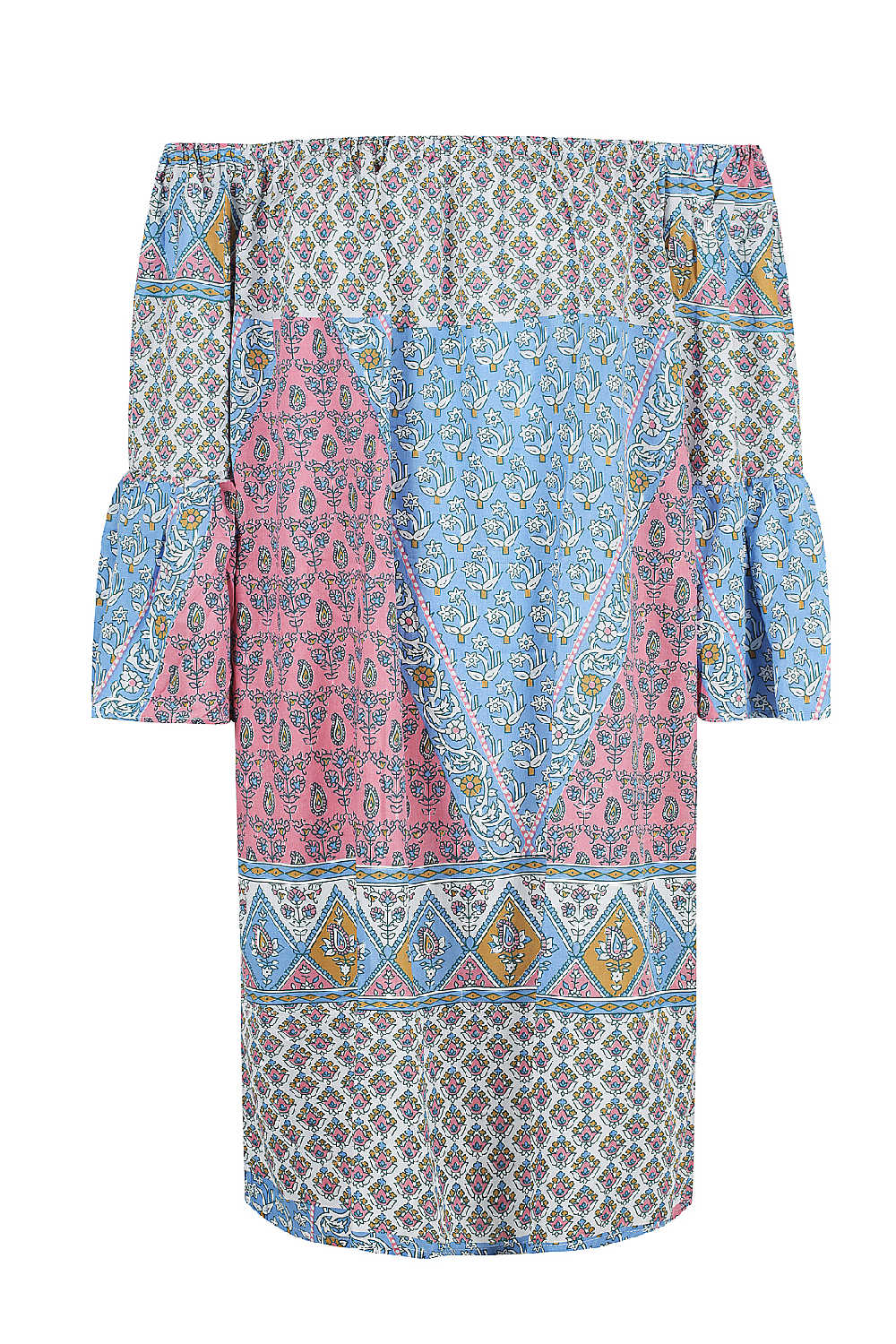 off-the-shoulder-summer-dress-floral-geometric-blue-pink-white-mustard