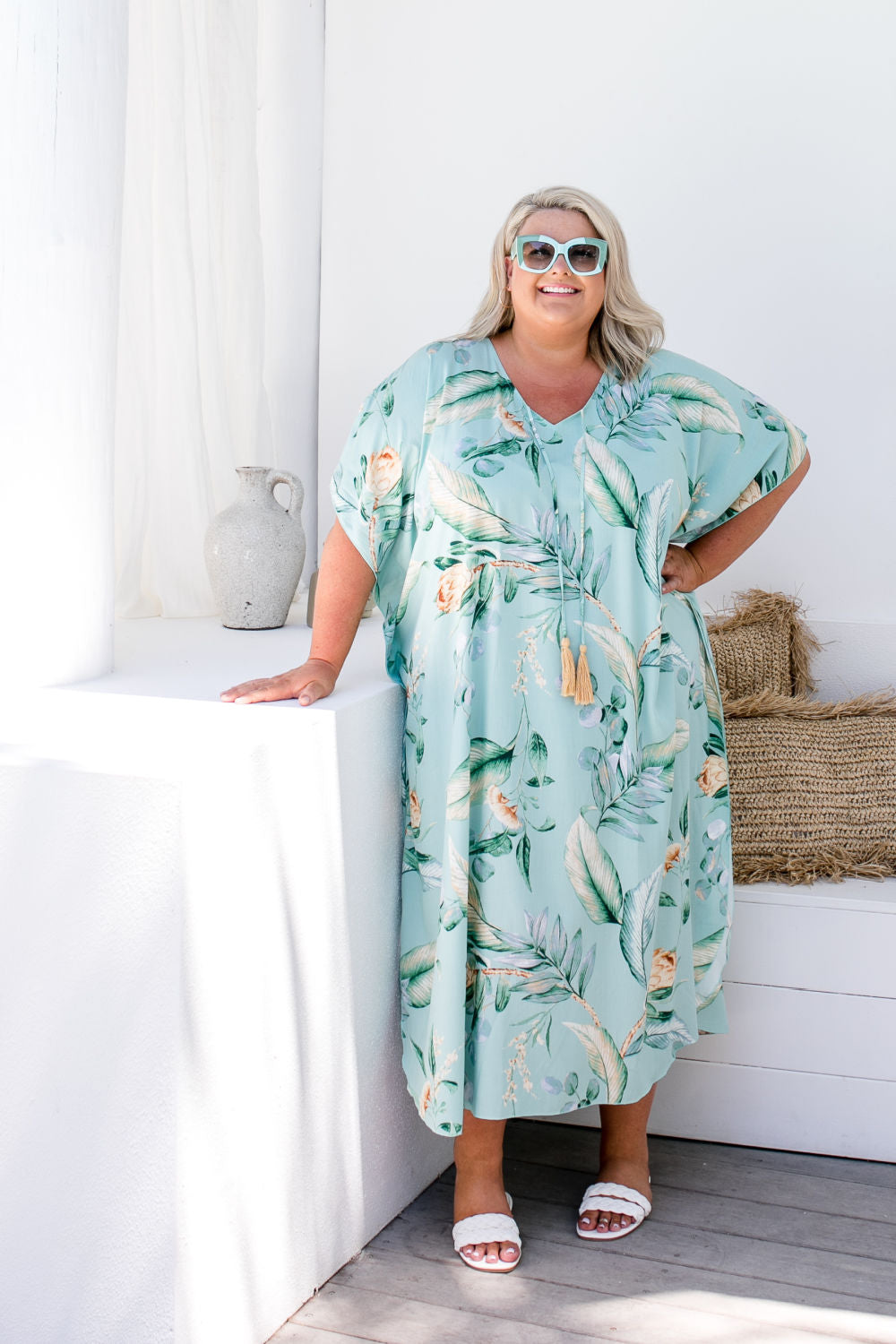 plus-size-resort-wear-kaftan-dress-protea-flower-green-grey-caramel