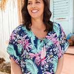 short-kaftan-dress-resort-wear-tropical-floral-design-blue-pink-green