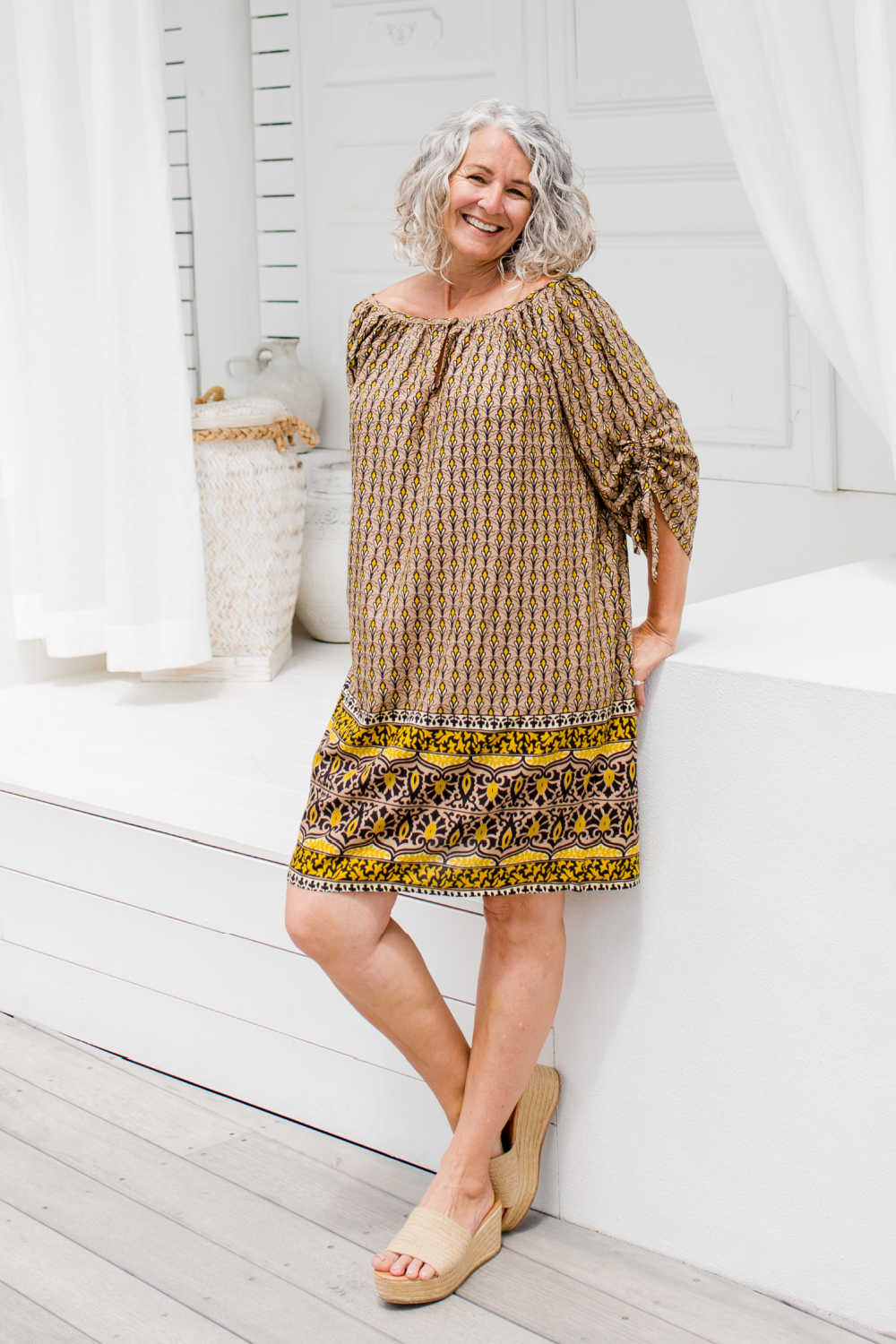 short-summer-dress-border-design-brown-mustard