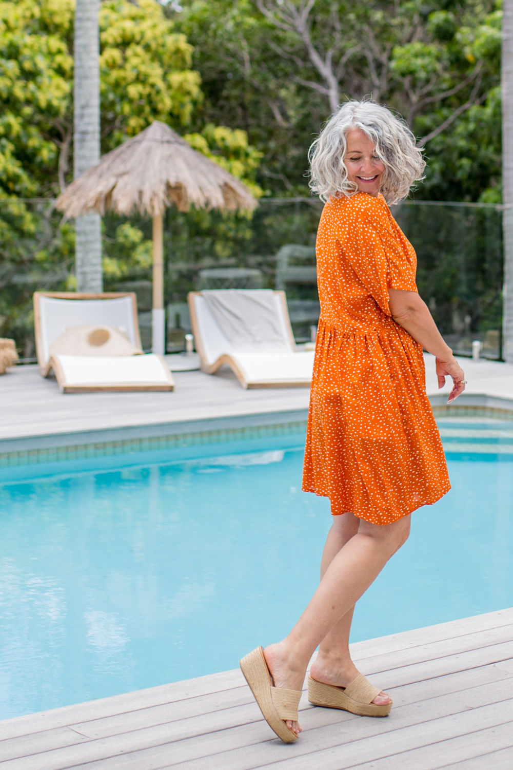 short-summer-dress-orange-white-polka