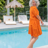 short-summer-dress-orange-white-polka