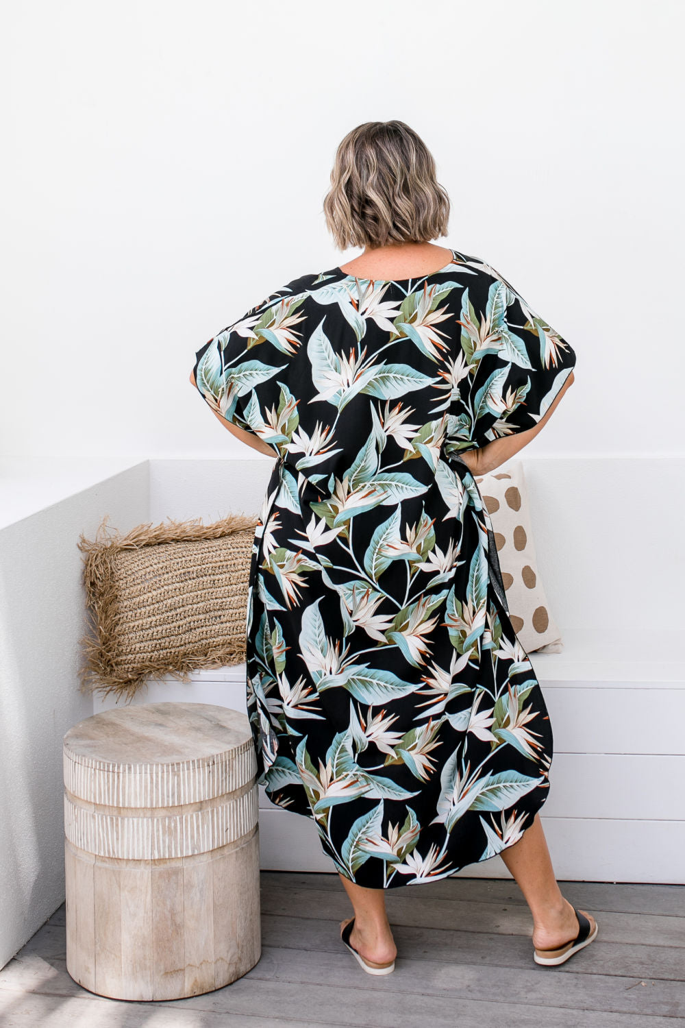 summer-maxi-kaftan-dress-resort-style-black-blue-olive-cream-leaf-design