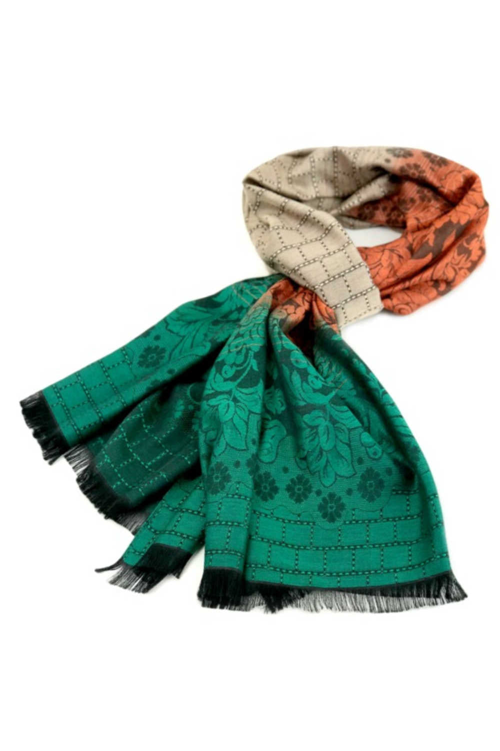 thai-silk-shawl-wrap-floral-emerald-green-copper-orange-latte-brown