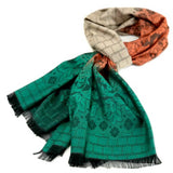 thai-silk-shawl-wrap-floral-emerald-green-copper-orange-latte-brown