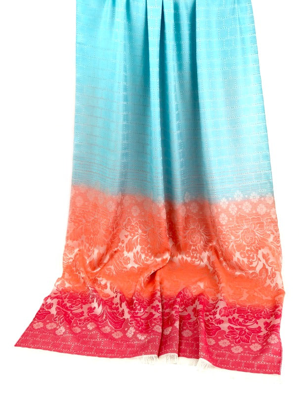 Thai silk scarf - floral design - sky blue peach red