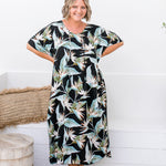 womens-long-kaftan-dress-resort-style-black-leaf-design