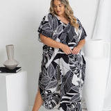 long-kaftan-dress-black-white-palm-print-plus-size