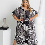 long-kaftan-summer-dress-black-white-palm-design-resort-wear