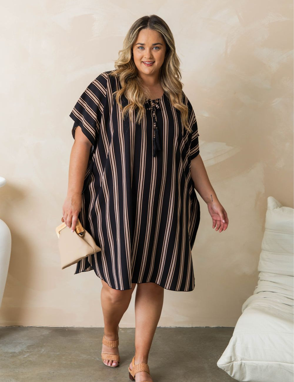 short-summer-kaftan-dress-stripe-black-brown-cream-plus-size