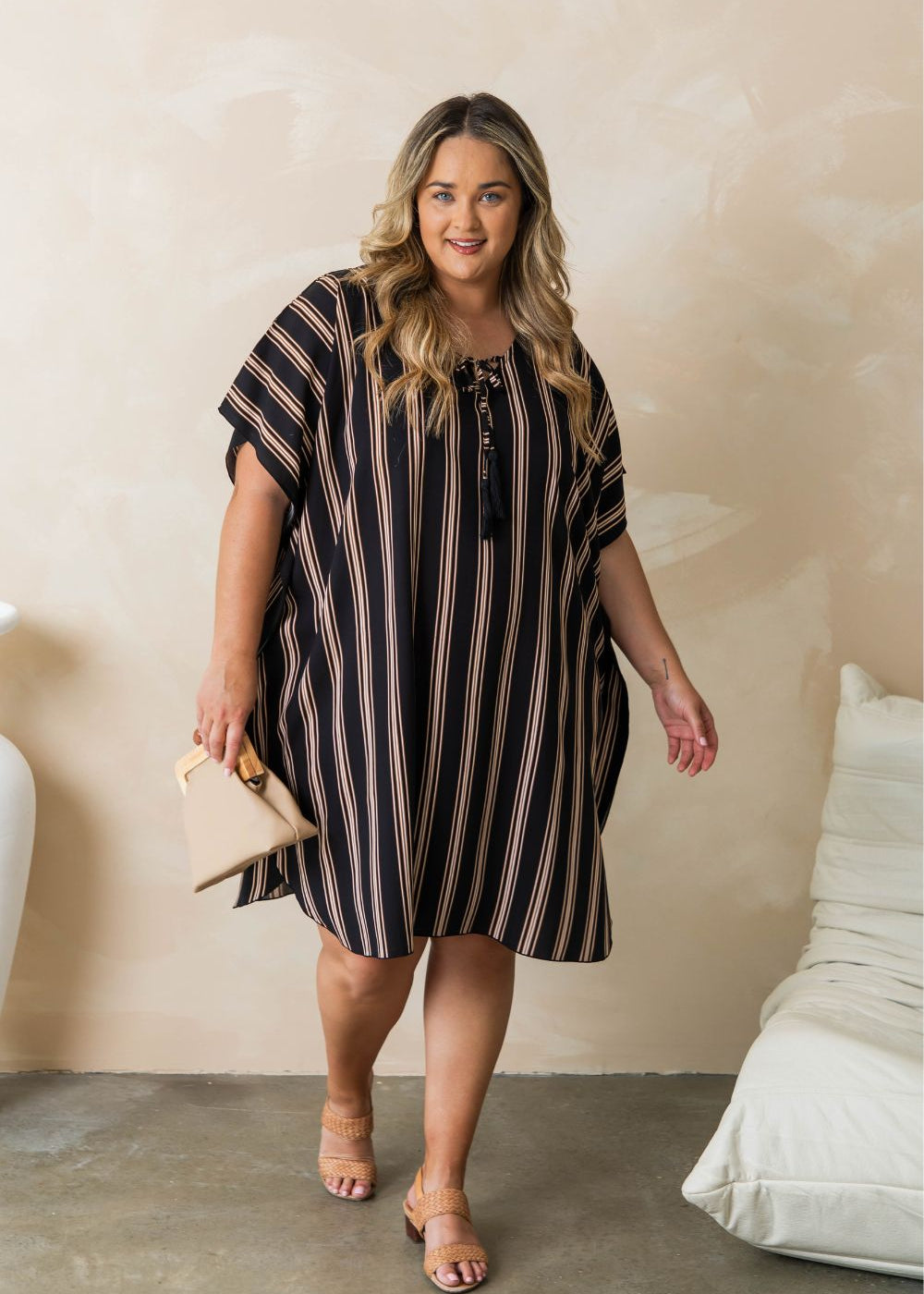 short-summer-kaftan-dress-stripe-black-brown-cream-plus-size