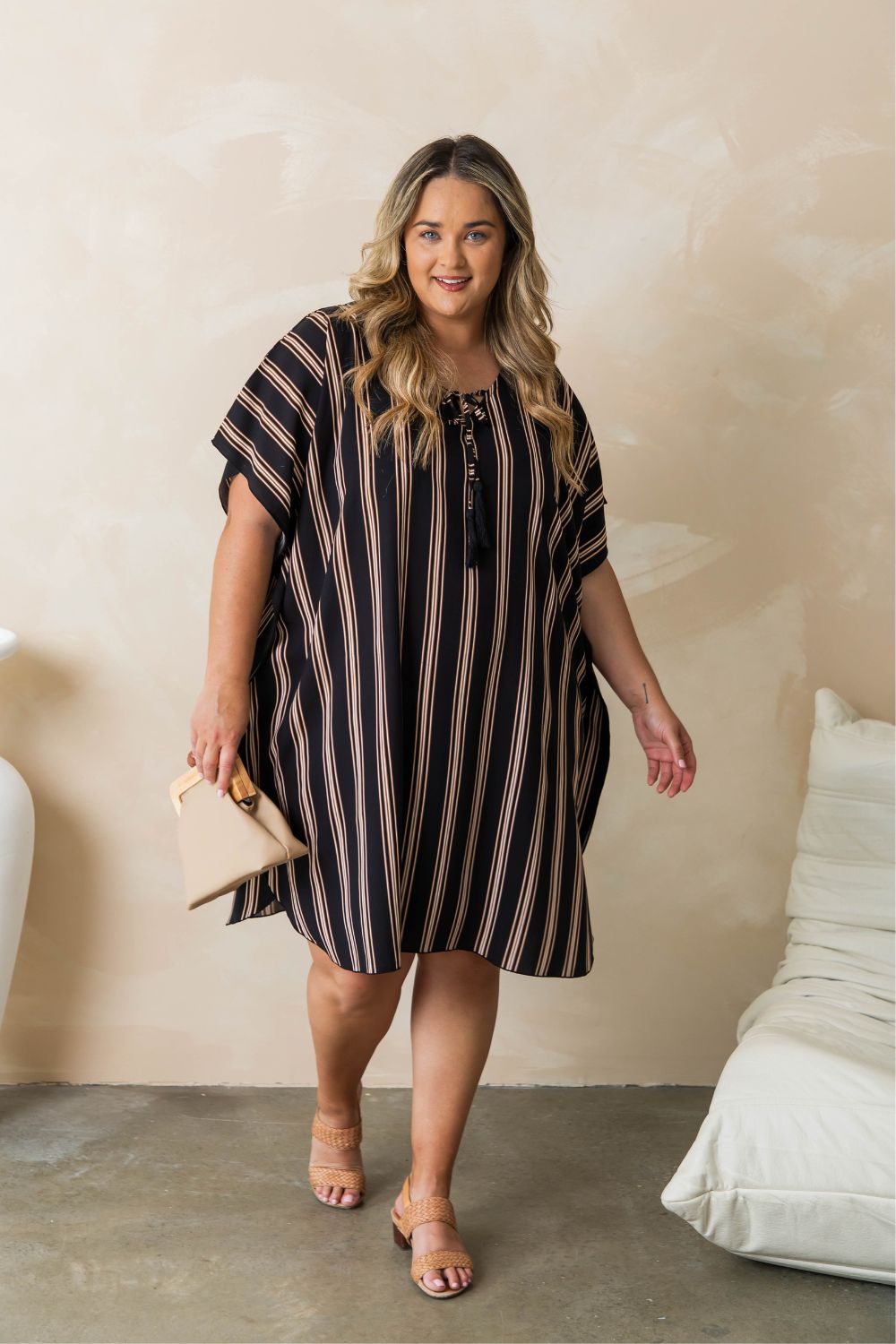 short-summer-kaftan-dress-stripe-black-brown-cream-plus-size