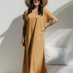 Front view of Caramel Scatter Dot Maxi Dress worn by size SM curve model