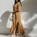 Side view showing side splits of Caramel Scatter Dot Maxi Dress on size SM model