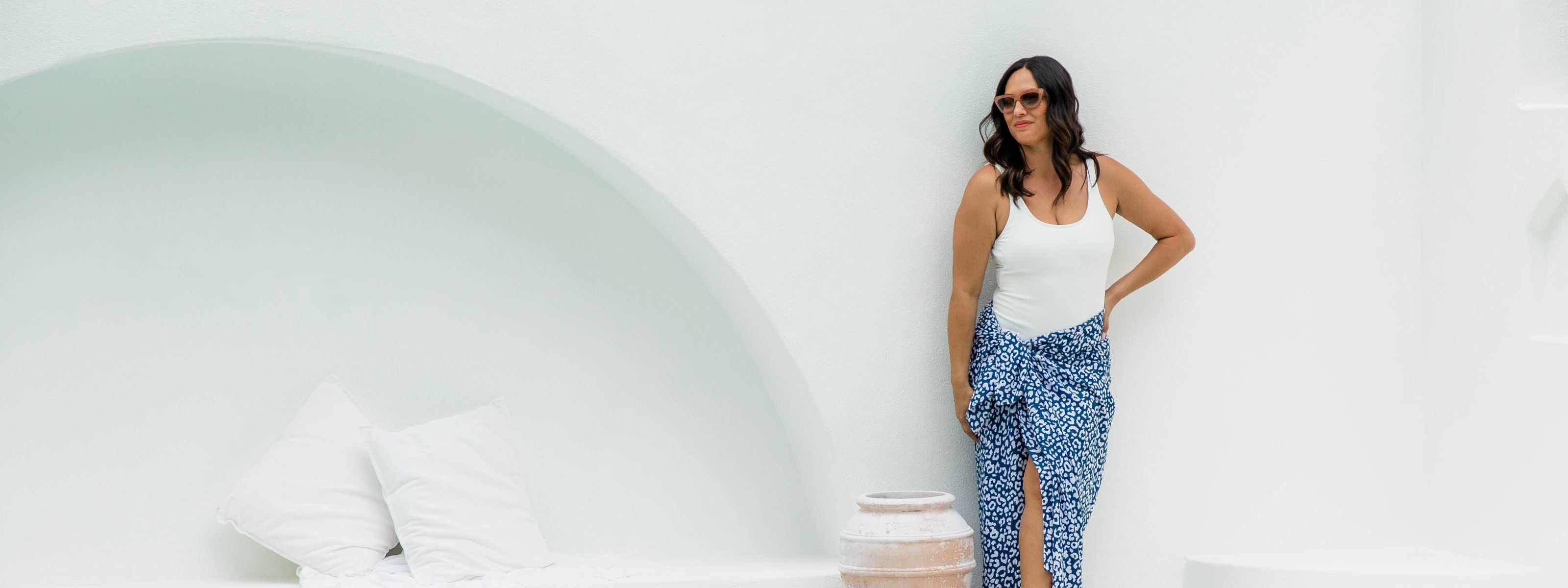 Lightweight summer sarong in blue and white leopard print for Bali travel