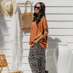 Side view of Alisha in Mocha Mousse Kaftan Top size S/M showing drape and tunic-length fall