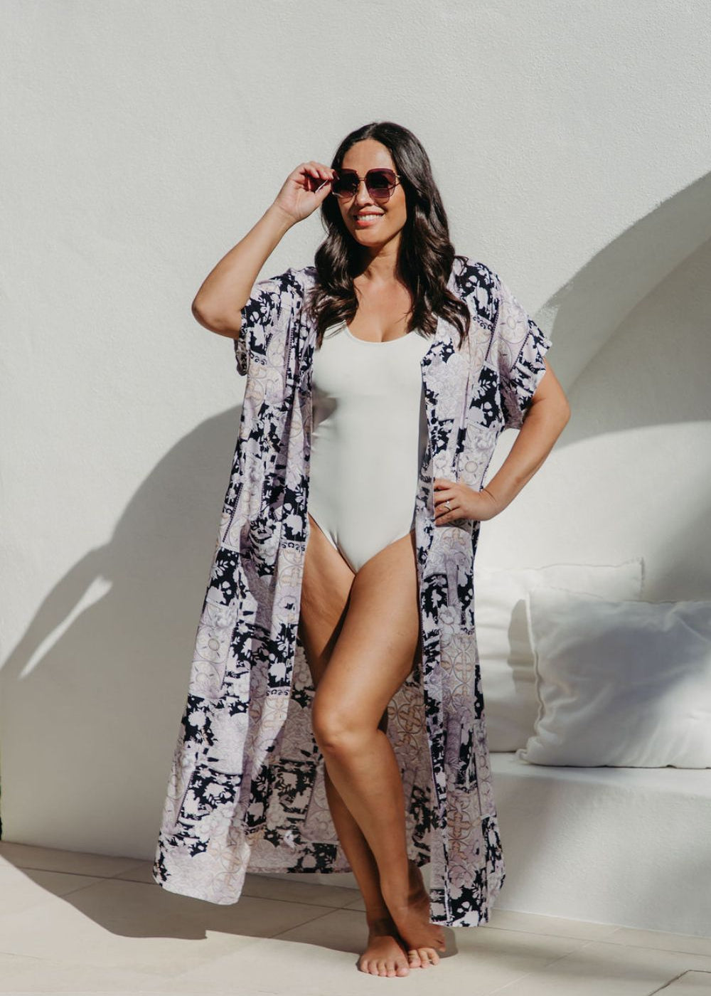 Maxi-length beach cover up with floral patchwork design